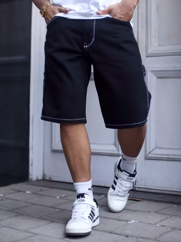 Black Contrast Stitch Jeans Shorts