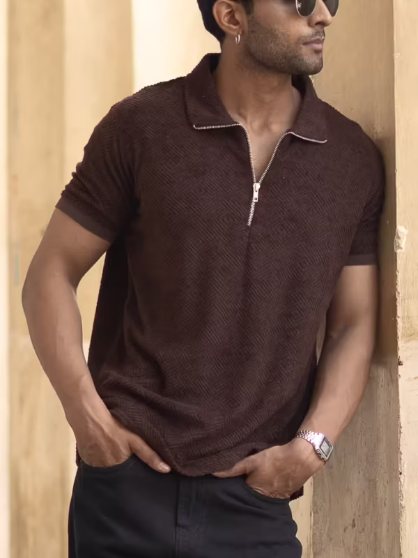 Brown Jacquard Regular Fit Half Sleeves T-Shirt
