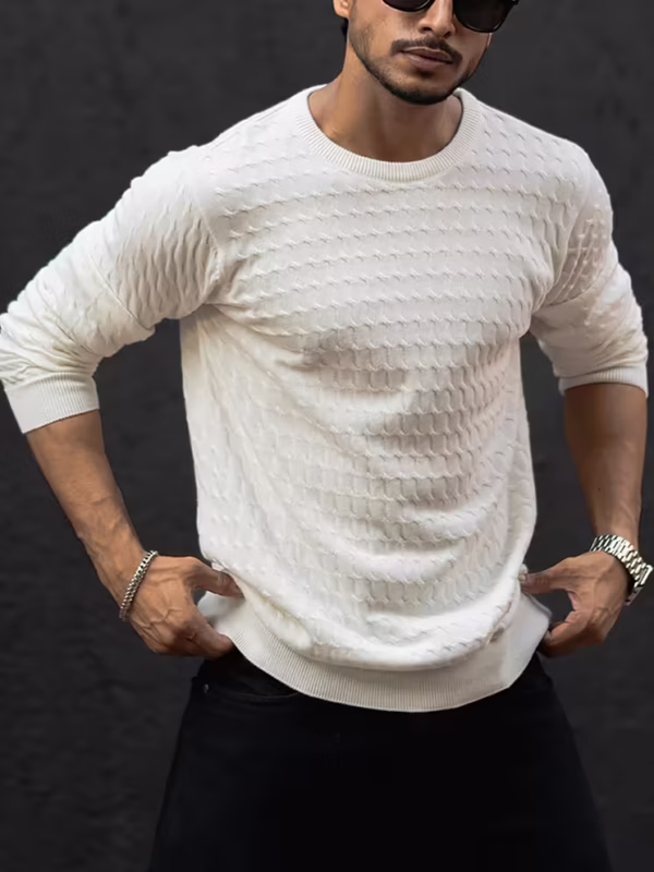White Flat Knit Regular Fit Full Sleeves T-Shirt