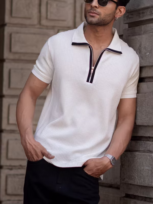 White Structured Zipper T-Shirt