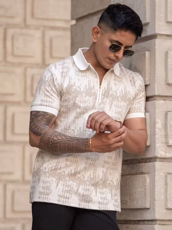 Beige Regular Fit Quarter Zip Polo T-Shirt