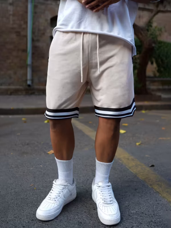 Cream Baggy Fit Shorts with Pocket Chain