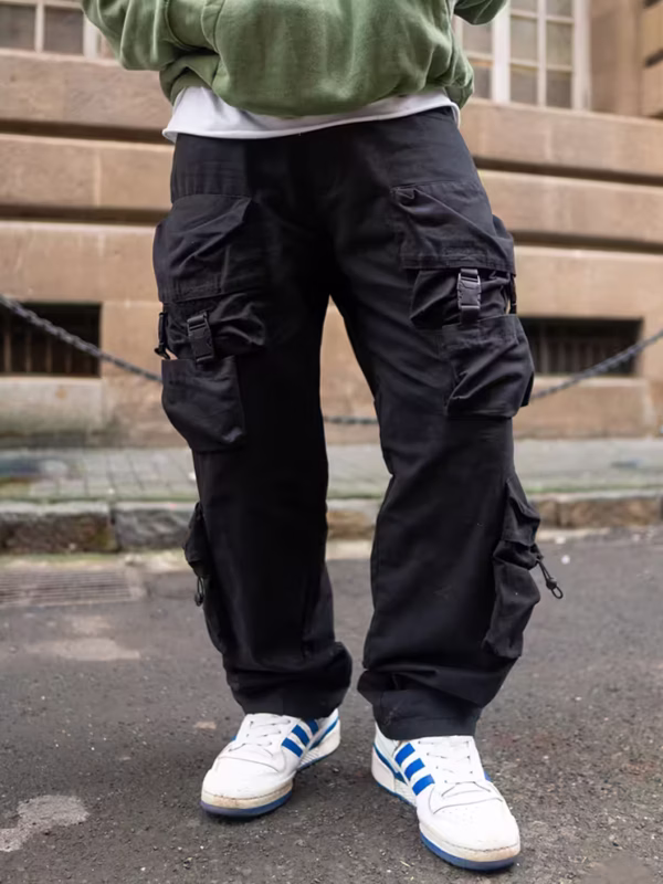 Black Baggy Fit Cargo Pants with Pockets and Buckle Fastening