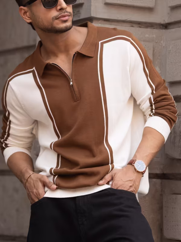 Brown-White Colour Blocked Polo T-Shirt