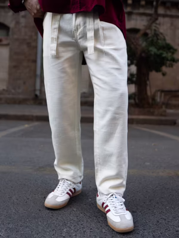 Beige Cotton Pant With Belt